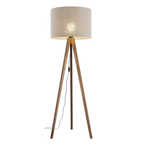 Licht-Erlebnisse Stehleuchte Leinen Holz E27 145 cm Tripod Kabelschalter Nussbraun Beige Skandinavisch Dreibein Stehlampe Wohnzimmer von Licht-Erlebnisse