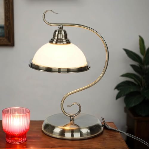 Licht-Erlebnisse Jugendstil Tischleuchte E27 – Glasschirm– Retro Lampe – Bronze Antik – mit Kabelschalter – 40 cm – klassische Nachttischlampe Schlafzimmer von Licht-Erlebnisse