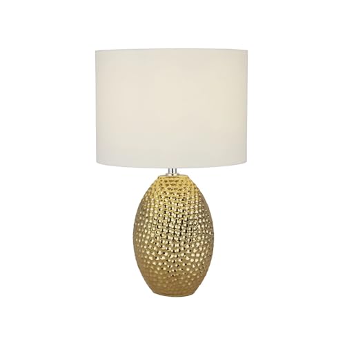 Licht-Erlebnisse Tischlampe Keramik Stoff 45 cm hoch in Gold Creme-Weiß E27 Modern dekorative Tischleuchte Wohnzimmer Nachttischlampe Schlafzimmer von Licht-Erlebnisse