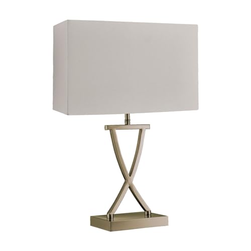 Licht-Erlebnisse Tischlampe Stoff Metall 48,5 cm hoch E14 in Messing Antik Weiß Modern Tischleuchte Wohnzimmer Nachttischlampe Schlafzimmer von Licht-Erlebnisse
