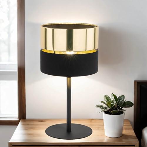 Licht-Erlebnisse Tischlampe Stoff Metall rund Ø 20 cm 38,5 cm hoch in Schwarz Gold E27 Modern Nachttischlampe Tischleuchte von Licht-Erlebnisse