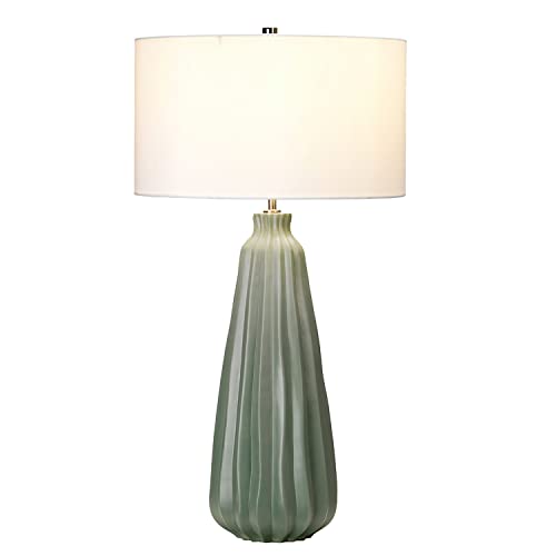 Licht-Erlebnisse Tischlampe groß 79,5 cm hoch Weiß Grün E27 Keramik Stoff Klassisch Tischleuchte Nachttisch Wohnzimmer von Licht-Erlebnisse