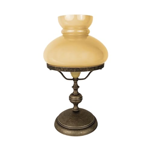 Licht-Erlebnisse Tischleuchte Glas Echt-Messing H: 39 cm D: 22,5 cm in Bronze Antik matt Creme Jugendstil Öllampen Design E27 Tischlampe Wohnzimmer von Licht-Erlebnisse