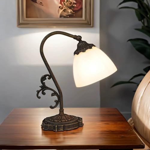Licht-Erlebnisse Tischleuchte Messing Glas in Bronze Antik Weiß Wohnzimmer Büro 30 cm E14 blendarm Jugendstil Nachttischlampe Schlafzimmer BEATRICE von Licht-Erlebnisse