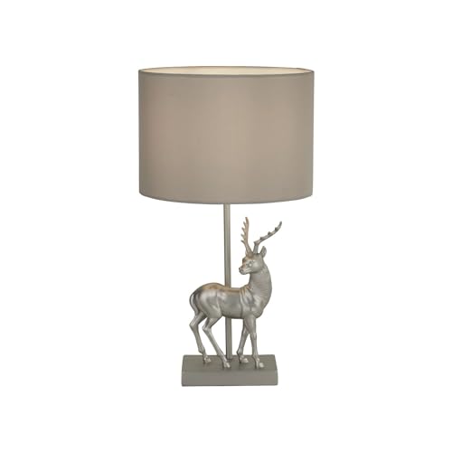 Licht-Erlebnisse Tischleuchte Stoff Resin 42,5 cm hoch E27 Grau Klassisch Hirsch Sockel Tischlampe Wohnzimmer Nachttischlampe Schlafzimmer von Licht-Erlebnisse