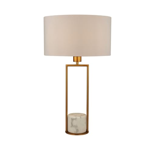 Licht-Erlebnisse Tischleuchte groß 62 cm hoch Marmor Metall Stoff E27 in Gold Weiß Wohnzimmer Tischlampe Schlafzimmer Nachttischlampe von Licht-Erlebnisse
