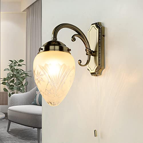 Licht-Erlebnisse Verzierte Wandlampe mit Zugschalter Glas Schirm Jugendstil in Bronze Wandleuchte Wohnzimmer Bett Flur von Licht-Erlebnisse