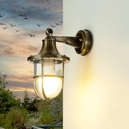 Licht-Erlebnisse Wandlampe Außen Messing Glas in Dunkel Antik IP64 Garten Haus B:14 cm E27 Maritim Rustikale Laterne Wandleuchte Terrasse SANTORIN von Licht-Erlebnisse