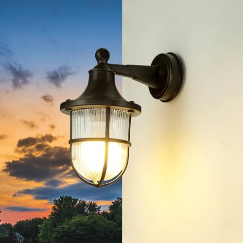 Licht-Erlebnisse Wandleuchte Außen Schwarz, Maritime Außenlampe Messing, Antik, Riffelglas, Balkon, Terrasse, IP64, E27, B:14 cm, nostalgisch, Garten, Wandlaterne Außen von Licht-Erlebnisse