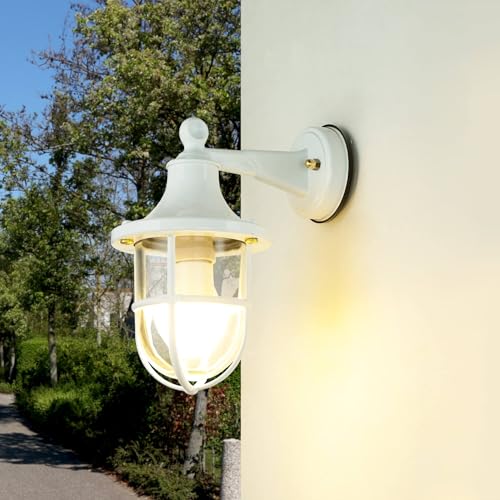 Licht-Erlebnisse Wandlampe Outdoor Glas Messing Weiß IP64 Haustür Garten B:14 cm E27 Rustikal Maritim nostalgische Laterne Wandlampe Außen SANTORIN von Licht-Erlebnisse