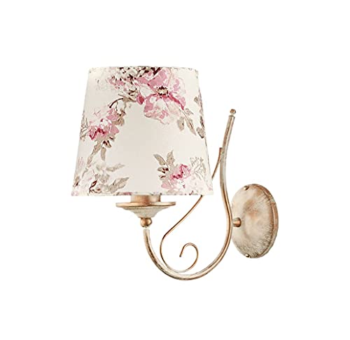 Licht-Erlebnisse Wandlampe Textil Schirm in Shabby Gold Weiß romantisches Blumen Motiv Wandleuchte Schlafzimmer Lampe von Licht-Erlebnisse