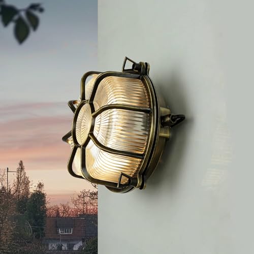 Licht-Erlebnisse Wandleuchte Außen Echt-Messing Glas Antik IP64 Terrasse Garten Ø22 cm E27 Bullauge Maritim Schiffsleuchte Rustikale Außenlampe Balkon von Licht-Erlebnisse