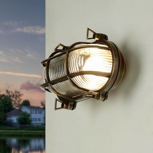 Licht-Erlebnisse Wandleuchte Außen Messing Glas Dunkel Antik IP64 Balkon Hof H:13 cm E27 Maritim geriffelt Rustikale Outdoor Wandlampe SKIATHOS von Licht-Erlebnisse