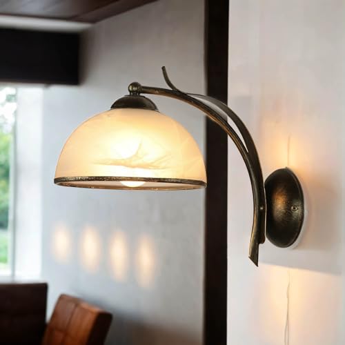 Licht-Erlebnisse Wandleuchte Innen Glas Metall in Messing Antik Weiß Flur Wohnzimmer H:27 E27 gemütlich Landhaus blendarm Wandlampe Schlafzimmer KORFU von Licht-Erlebnisse