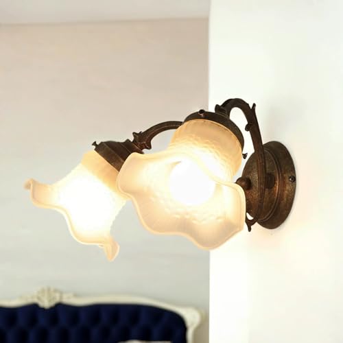 Licht-Erlebnisse Wandleuchte Messing Glas in Bronze Antik Weiß Schlafzimmer Wohnzimmer B:39 cm E14 2-flammig gemütlich Floral Premium Wandlampe Flur von Licht-Erlebnisse