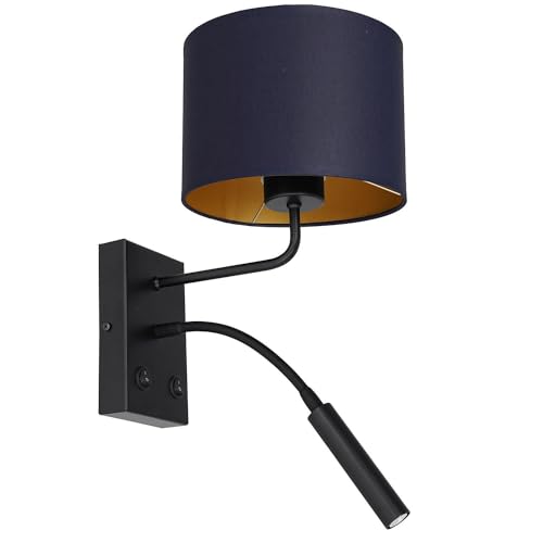 Licht-Erlebnisse Wandleuchte Metall Stoff in Schwarz Blau Gold Wohnzimmer Flur B:18 cm E27 G9 mit Lesearm Schalter blendarm flexible Wandlampe Schlafzimmer TELLEGNO von Licht-Erlebnisse