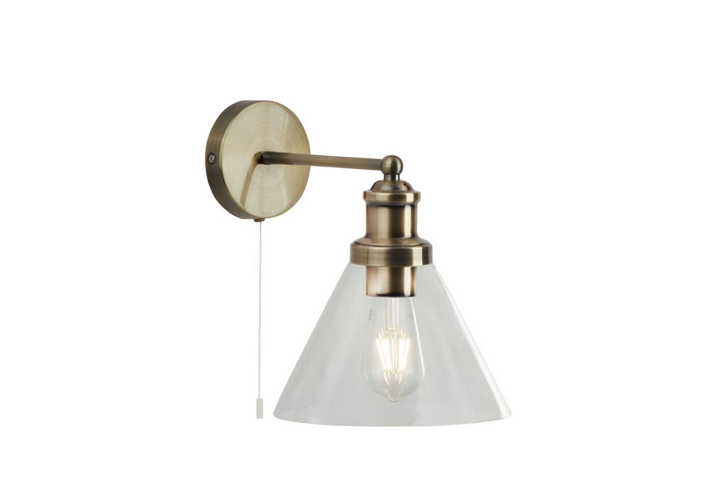 Licht-Erlebnisse Wandleuchte PYRAMID, ohne Leuchtmittel, mit Schalter E27 in Messing Antik Klar/Transparent Glas Metall von Licht-Erlebnisse