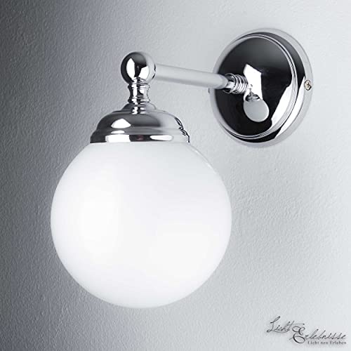 Wandleuchte Weiß Glasschirm Rund Echt-Messing Verchromt Glänzend Handarbeit Exklusiv Wandlampe Flur Schlafzimmer von Licht-Erlebnisse