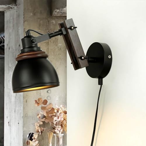 Licht-Erlebnisse Wandleuchte mit Kabel Schalter Metall Holz in Schwarz Natur verstellbar E14 Retro Wandlampe Wohnzimmer Schlafzimmer von Licht-Erlebnisse