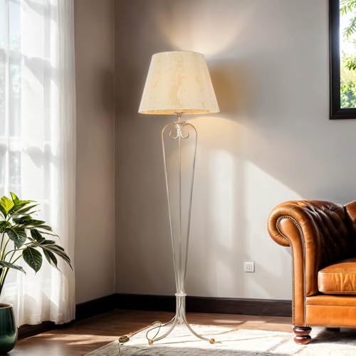 Licht-Erlebnisse Wohnzimmer Stehlampe GANARA Stoff Schirm mit Barock Muster in Shabby Gold Ecru 158cm Stehleuchte von Licht-Erlebnisse