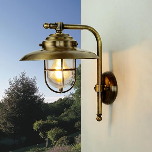Licht-Erlebnisse XL Außen Wandleuchte aus Echt-Messing wertig in Antik IP43 E27 H30cm B:28cm für Garten Terrasse Hof Hauswand Eingang Außenleuchte Außenlampe Wandlampe von Licht-Erlebnisse