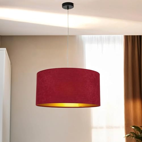 Licht-Erlebnisse XL Hängeleuchte Premium Velours Stoff in Rot-Bordeaux und Gold Ø50cm E27 Leuchtmittel wechselbar für Wohnzimmer Schlafzimmer Pendelleuchte Hängelampe von Licht-Erlebnisse
