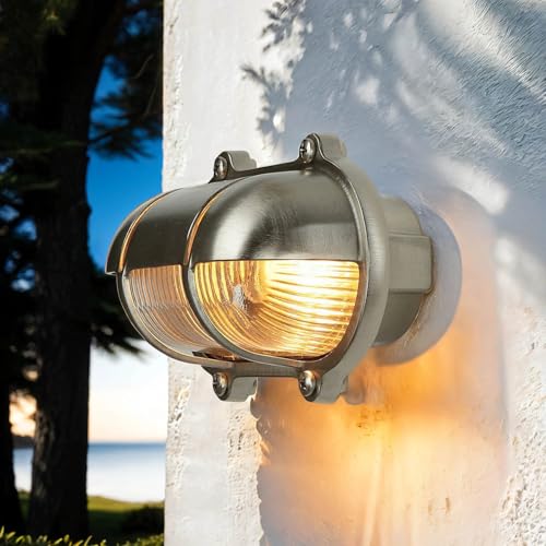 Maritime Messinglampe in Nickel rostfrei IP64 Riffelglas Außenleuchte Wandlampe Haus Terrasse Maritime Messinglampe in Nickel rostfrei IP64 Riffelglas Außenleuchte Wandlampe Haus Terrasse von Licht-Erlebnisse