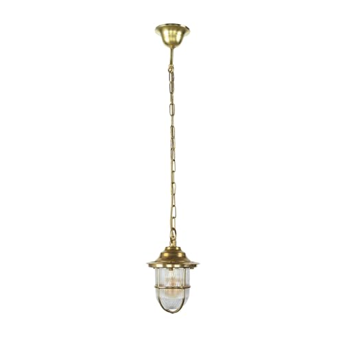 Licht-Erlebnisse Aussen Pendelleuchte aus Echt-Messing wertig & Riffelglas D:16cm IP54 E27 maritim antik Garten Terrasse Hof Garten Außenleuchte Hängelampe Pendel von Licht-Erlebnisse
