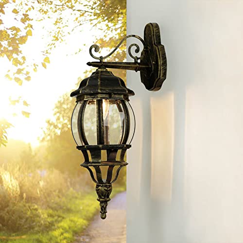 Licht-Erlebnisse Außenleuchte Wand Glas Aluminium in Gold Antik IP44 Hof Terrasse B:15,5 cm E27 Rustikale Laterne Außenwandlampe Garten Eingang BREST von Licht-Erlebnisse