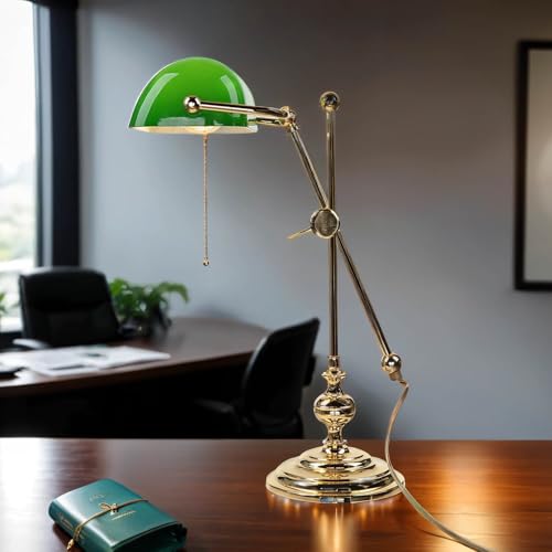 Licht-Erlebnisse Bankerlampe Gold 24 Karat Echt-Messing Glasschirm Grün Jugendstil Handarbeit Zugschalter E27 Schreibtischlampe Licht-Erlebnisse Bankerlampe Gold 24 Karat Echt-Messing Glasschirm Grün Jugendstil Handarbeit Zugschalter E27 Schreibtischlampe von Licht-Erlebnisse