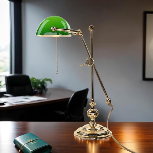 Licht-Erlebnisse Bankerlampe Messing Glas in Gold Grün Büro Arbeitszimmer 47 cm E27 vergoldet mit 24 Karat Zugschalter elegante Jugendstil Tischlampe von Licht-Erlebnisse