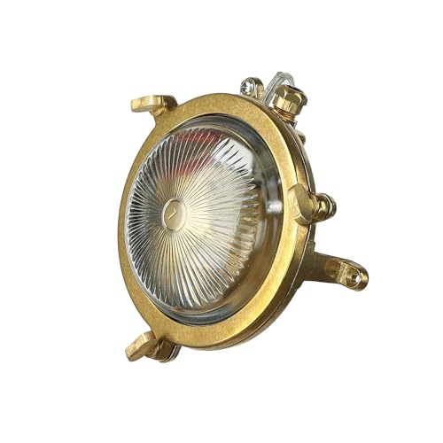 Licht-Erlebnisse Wandleuchte für Außen rund aus Messing wertig maritim IP44 Bullauge Premium D:14cm Schiffslampe Schiffsleuchte Wandlampe Hof Garten Außenleuchte von Licht-Erlebnisse