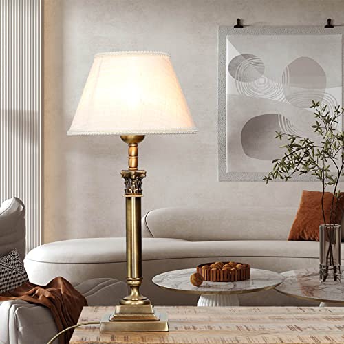 Licht-Erlebnisse Premium Tischlampe Messing, Stoff in Bronze glänzend Weiß Wohnzimmer 41,5 cm E14 blendarm Jugendstil Nachttischleuchte Schlafzimmer von Licht-Erlebnisse