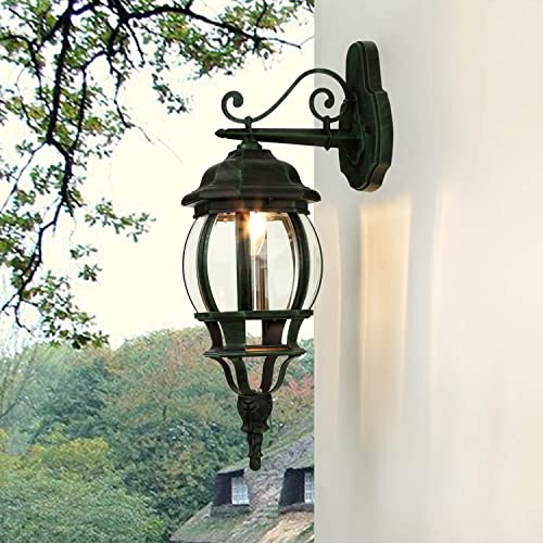 Licht-Erlebnisse Außenlampe Wand Aluminium Glas in Schwarz Grün IP44 Garten Balkon H:54 cm E27 Landhaus Rustikale Außenlaterne Wandlampe Outdoor BREST von Licht-Erlebnisse