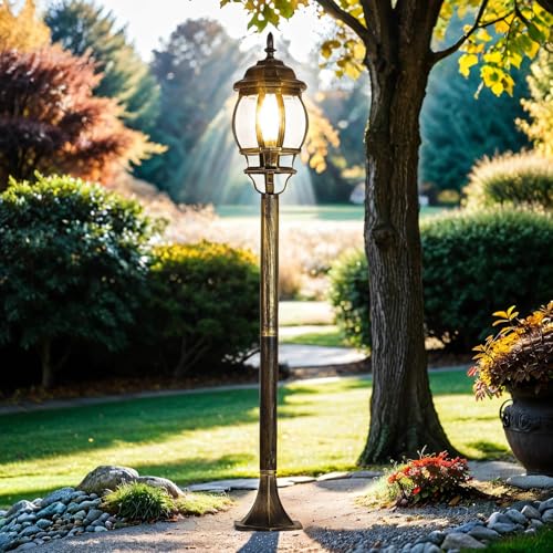 Licht-Erlebnisse Stehleuchte Aluminium Glas in Gold Antik IP23 für Garten 115,5 cm E27 Rustikale Laterne Landhaus Wegeleuchte Außen BREST von Licht-Erlebnisse