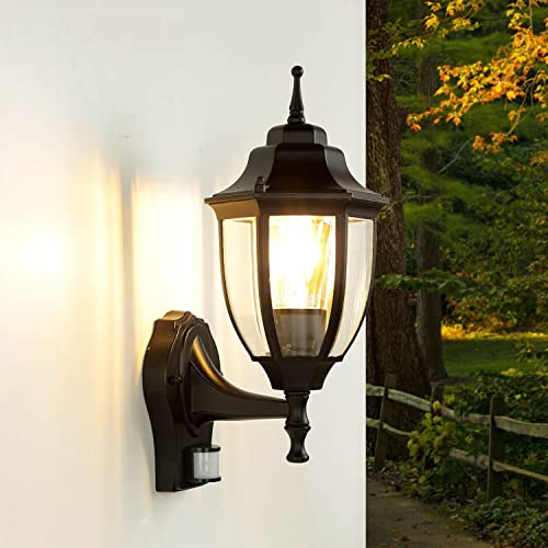 Licht-Erlebnisse Außenwandlampe mit Bewegungsmelder Glas Aluminium Schwarz IP44 Terrasse Balkon T:19,5 cm E27 Außenlaterne Garten LYON von Licht-Erlebnisse