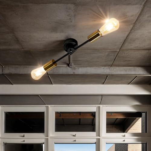 Licht-Erlebnisse Deckenlampe Vintage Schwarz RETRO Industrial Design Metall Messing L:37cm kleine Deckenleuchte Wohnzimmer Küche von Licht-Erlebnisse
