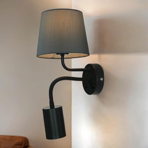 Wandlampe mit LED Lesearm Stoff Metall grau Doppel-Schalter Leselicht für Schlafzimmer Wohnzimmer E27 & GU10 Wandleuchte Innen verstellbar von Licht-Erlebnisse