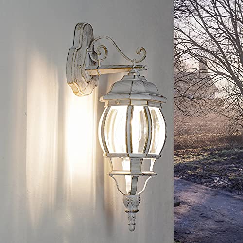 Licht-Erlebnisse Wandlaterne Glas Aluminium in Weiß Gold IP44 Terrasse Haustür T:24,5 cm E27 Landhaus Rustikale Außenlampe Carport Garten BREST von Licht-Erlebnisse