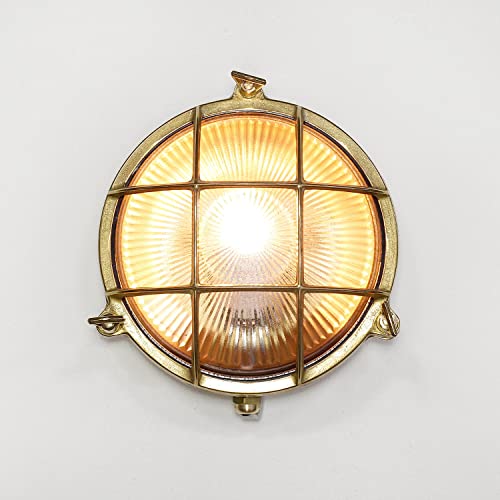 Licht-Erlebnisse Wandlampe Außen Messing Glas IP64 Haus Eingang Ø21 cm E27 max. 18 W rund Maritim Gitter Rustikale Außenleuchte Garten SERIFOS von Licht-Erlebnisse