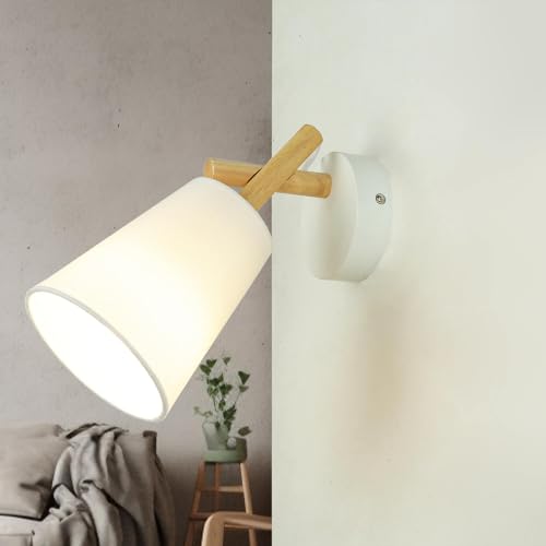 Licht-Erlebnisse Wandlampe Stoff Holz in Natur Weiß Schlafzimmer Esszimmer H:28 cm E27 blendarm Modern Skandinavische Wandleuchte Wohnzimmer VAIO von Licht-Erlebnisse