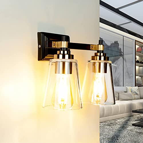 Licht-Erlebnisse Wandleuchte mit Schirm Glas Metall Industrial Design 2x E27 in Messing Schwarz EVE Wandlampe Küche von Licht-Erlebnisse
