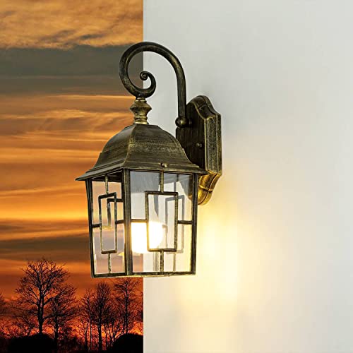 Licht-Erlebnisse Außenwandleuchte Aluminium Glas in Gold Antik IP23 Garten Terrasse H:37 cm E27 Tiffany Rustikale Außenlampe Haustür FRIESEN von Licht-Erlebnisse