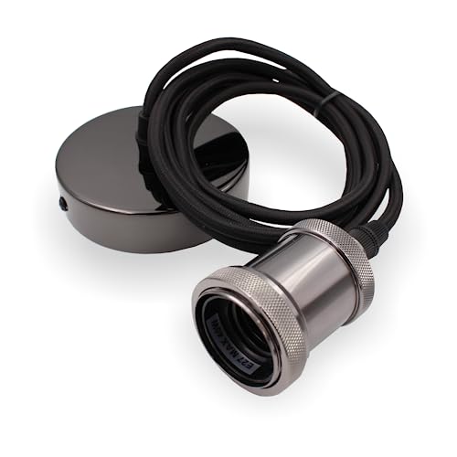 Pendelleuchte mit textilummanteltem Silikonkabel FLEX, Metall Baldachin und E27 Fassung & Schraubring | 2000mm (Schwarz verchromt) von Licht-Zubehoer.de by MLZ