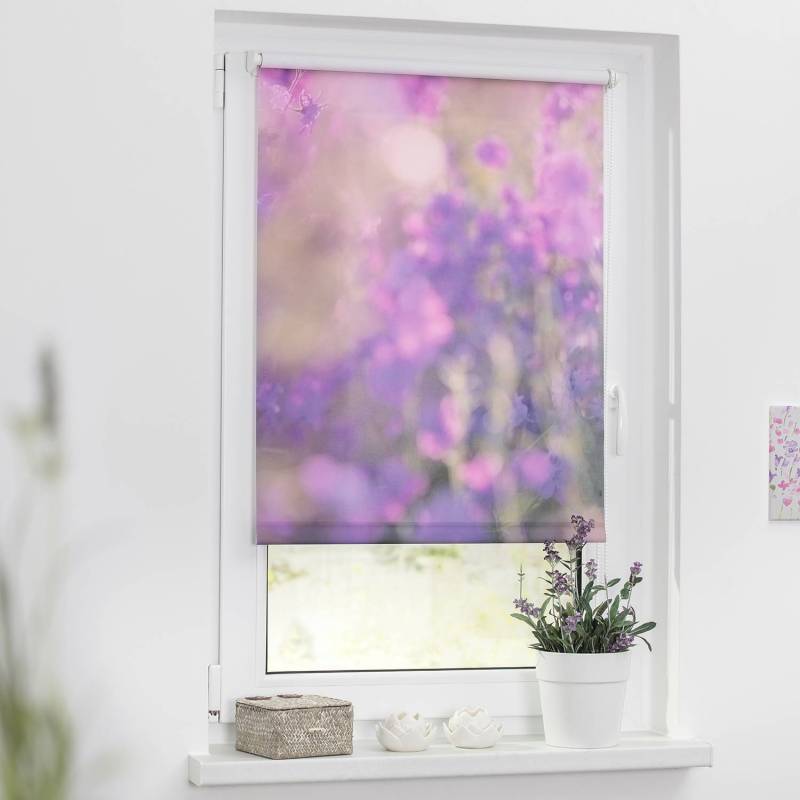 home24 Klemmfix Verdunklungsrollo Blumenwiese 90 x 150cm Violett von home24