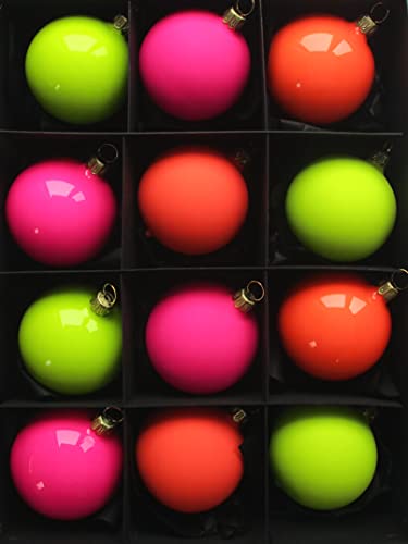Lichte Thüringer Christbaumschmuck Exclusiv NEON Glaskugeln bunt 6cm Handarbeit Germany 12er Set, Pink Orange Gelb von Lichte