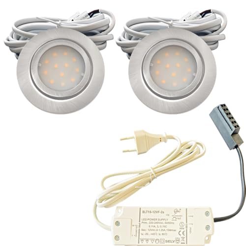 2x IP44 LED Einbauspots 12V, flach, 2,4W, 200lm, Edelstahl gebürstet, inkl. LED-Trafo, 230V Zuleitung mit Stecker, AMP Verteiler, Neutralweiß 4000K, Lochdurchmesser 54-60mm, Plug and Play. von Lichtfaktor24