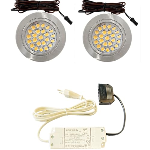 2er Set LED Möbel Einbauleuchten 12V ultra flach 2.4W Einbauleuchten Mira 190lm mit LED Trafo und 230V Zuleitung 3000K Warmweiß Lochausschnitt: 58 bis 60mm Silber Plug and Play Spots Ø=65,5 X 10,7mm 2er Set LED Möbel Einbauleuchten 12V ultra flach 2.4W Einbauleuchten Mira 190lm mit LED Trafo und 230V Zuleitung 3000K Warmweiß Lochausschnitt: 58 bis 60mm Silber Plug and Play Spots Ø=65,5 X 10,7mm von Lichtfaktor24