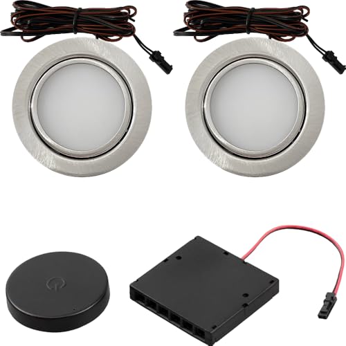 2er Set LED Möbel Einbaustrahler 12V, ultra-flach, 3W, 180lm, warmweiß (3000K), dimmbar per Funk-Fernbedienung. Inkl. LED-Trafo, Kabel & Verteiler, Bohrloch 55-60mm, Tiefe 14mm, Edelstahl gebürstet. von Lichtfaktor24