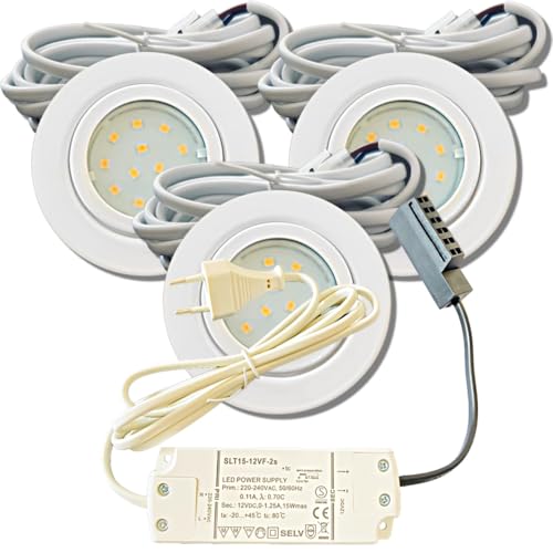 3er Set IP44 LED Möbel-Einbauleuchten 12V flach 2,4W, 200lm, Weiß, inkl. Trafo, 230V Kabel, Netzstecker & AMP Verteiler, Bohrloch 54-60mm, Warmweiß 3000K – Ideal für Bad, Küche, Wohnzimmer, Schränke 3er Set IP44 LED Möbel-Einbauleuchten 12V flach 2,4W, 200lm, Weiß, inkl. Trafo, 230V Kabel, Netzstecker & AMP Verteiler, Bohrloch 54-60mm, Warmweiß 3000K – Ideal für Bad, Küche, Wohnzimmer, Schränke von Lichtfaktor24